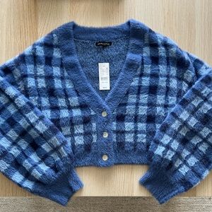 PacSun Blue Plaid Fuzzy Cropped Cardigan